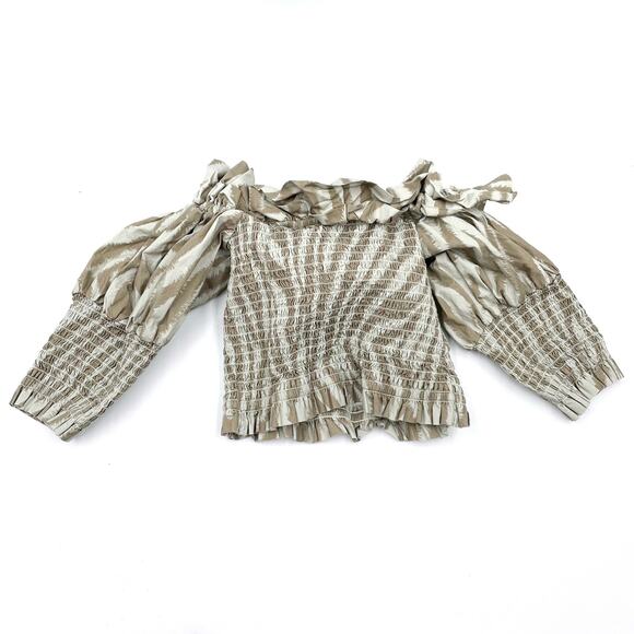 TOCCIN Smocked Ruffle Top Green Off-Shoulder Zebra Striped Puff Sleeve Sz XS - Picture 10 of 10